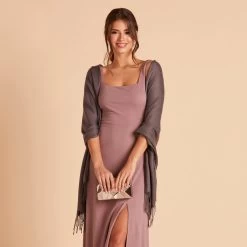 Shawl With Fringe - Dark Grey -Elegant Moments Shop BIRDY GREY CASHMERE SHAWL DARK GRAY 06