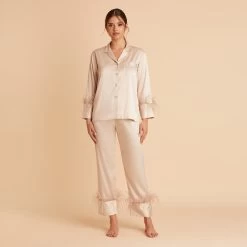 Feathered Pajama Set - Champagne -Elegant Moments Shop BIRDY GREY FEATHERED PJ SET TAUPE 01
