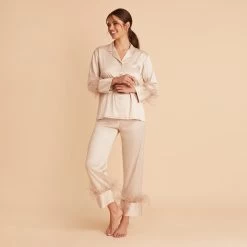 Feathered Pajama Set - Champagne -Elegant Moments Shop BIRDY GREY FEATHERED PJ SET TAUPE 02