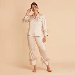 Feathered Pajama Set - Champagne -Elegant Moments Shop BIRDY GREY FEATHERED PJ SET TAUPE 03