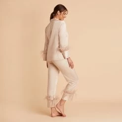 Feathered Pajama Set - Champagne -Elegant Moments Shop BIRDY GREY FEATHERED PJ SET TAUPE 06