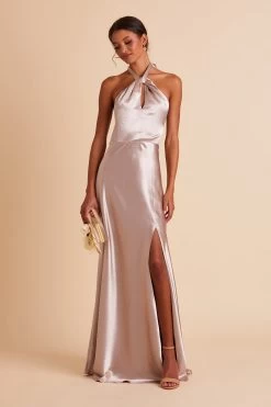 Monica Shiny Satin Dress - Taupe