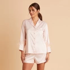 Short Satin Feathered Pajama Set - Blush -Elegant Moments Shop BIRDY GREY SHORT FEATHERED PAJAMAS BLUSH 01