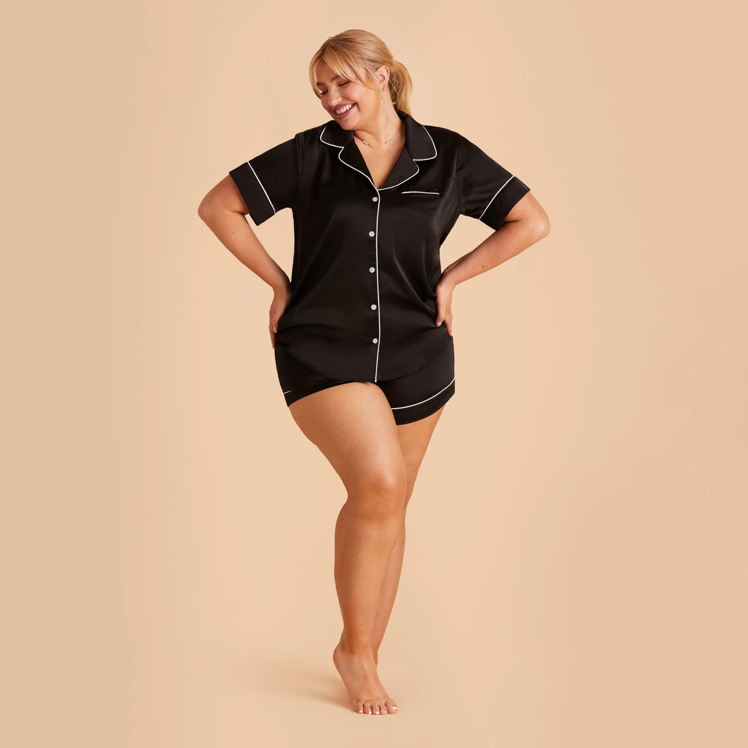 Jonny Satin Short Sleeve Pajama Top - Black - Image 12
