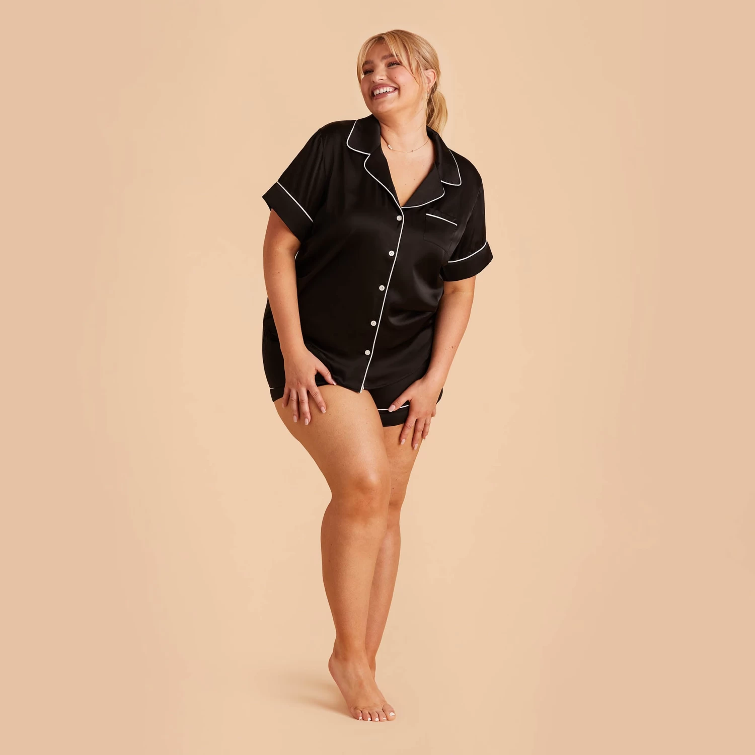 Jonny Satin Short Sleeve Pajama Top - Black - Image 15