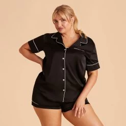 Jonny Satin Short Sleeve Pajama Top - Black -Elegant Moments Shop black jonny plus size satin short sleeve top bridesmaid pajamas 01 78341415 8fa4 4a93 9894 47a18129e0a5