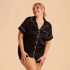 Jonny Satin Short Sleeve Pajama Top - Black -Elegant Moments Shop black jonny plus size satin short sleeve top bridesmaid pajamas 03 c9cae708 7de5 4fee 964a fbc3f41f3b4a