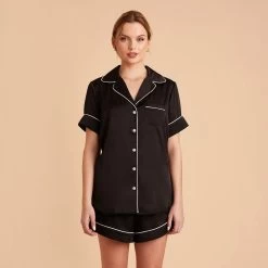 Jonny Satin Short Sleeve Pajama Top - Black -Elegant Moments Shop black jonny satin short sleeve top bridesmaid pajamas 01 1