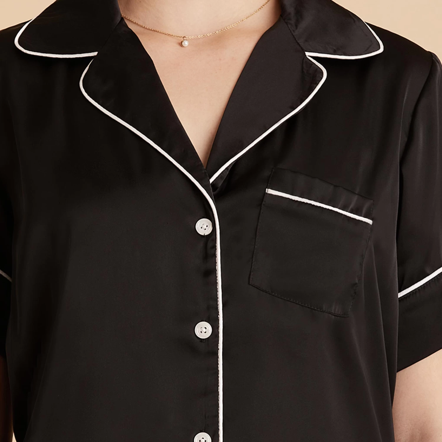 Jonny Satin Short Sleeve Pajama Top - Black - Image 11