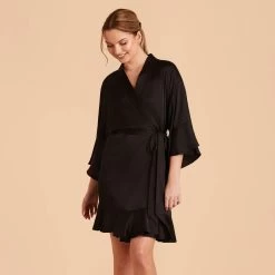 Kenny Ruffle Satin Robe - Black -Elegant Moments Shop black kenny satin ruffle bridesmaid robes 02