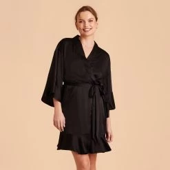 Kenny Ruffle Satin Robe - Black