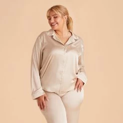 Jonny Long Sleeves And Pants Satin PJ Set - Champagne -Elegant Moments Shop champagne jonny plus size satin long sleeve pajama top bridesmaid pajamas 01 3684d689 6b0a 4f22 a827 c1f7274381d0