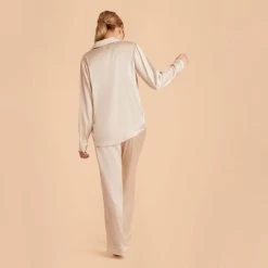 Jonny Long Sleeves And Pants Satin PJ Set - Champagne -Elegant Moments Shop champagne jonny satin long sleeve pajama top and pants bridesmaid pajamas 10
