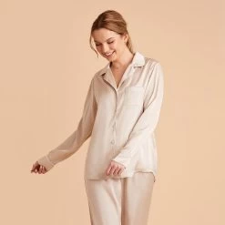 Jonny Satin Long Sleeve Pajama Top - Champagne -Elegant Moments Shop champagne jonny satin long sleeve top bridesmaid pajamas 03 1