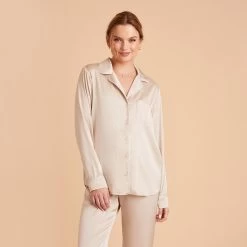 Jonny Long Sleeves And Pants Satin PJ Set - Champagne -Elegant Moments Shop champagne jonny satin long sleeve top bridesmaid pajamas 04