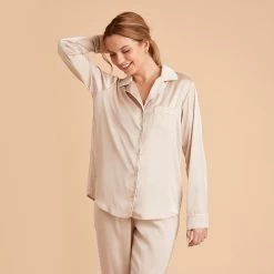 Jonny Satin Long Sleeve Pajama Top - Champagne -Elegant Moments Shop champagne jonny satin long sleeve top bridesmaid pajamas 05 1