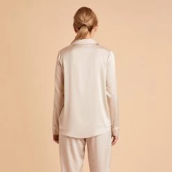 Jonny Long Sleeves And Pants Satin PJ Set - Champagne -Elegant Moments Shop champagne jonny satin long sleeve top bridesmaid pajamas 06