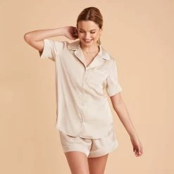 Jonny Satin Pajama Set - Champagne -Elegant Moments Shop champagne jonny satin short sleeve top bridesmaid pajamas 04 1