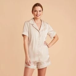 Jonny Satin Pajama Set - Champagne -Elegant Moments Shop champagne jonny satin short sleeve top bridesmaid pajamas 05 1
