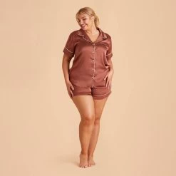 Jonny Satin Pajama Set - Desert Rose -Elegant Moments Shop desert rose jonny plus size satin short sleeve pajama top and shorts bridesmaid pajamas 01 c65df027 fb73 427e 9b06 92c941aafc63