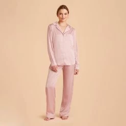 Jonny Long Sleeves And Pants Satin PJ Set - Dusty Pink -Elegant Moments Shop dusty pink jonny satin long sleeve pajama top and pants bridesmaid pajamas 03