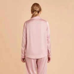 Jonny Long Sleeves And Pants Satin PJ Set - Dusty Pink -Elegant Moments Shop dusty pink jonny satin long sleeve top bridesmaid pajamas 05