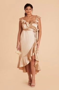 James Shiny Satin Midi Dress - Gold -Elegant Moments Shop gold james plus size satin bridesmaid dress 01 c203d873 03a7 4be7 b7c2 6b8909f707ab
