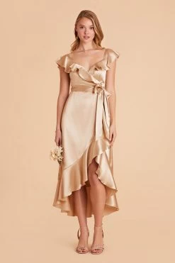 James Shiny Satin Midi Dress - Gold