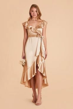 James Shiny Satin Midi Dress - Gold -Elegant Moments Shop gold james satin bridesmaid dress 02 6204909a 8554 4ab1 9bfb cfe99466c6d0