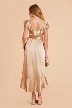 James Shiny Satin Midi Dress - Gold -Elegant Moments Shop gold james satin bridesmaid dress 03 50ed29a3 fe65 419f 89a6 5dceefa7a448