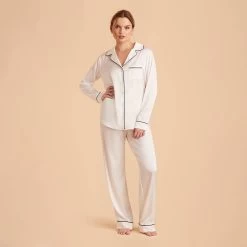 Jonny Long Sleeves And Pants Satin PJ Set - Ivory