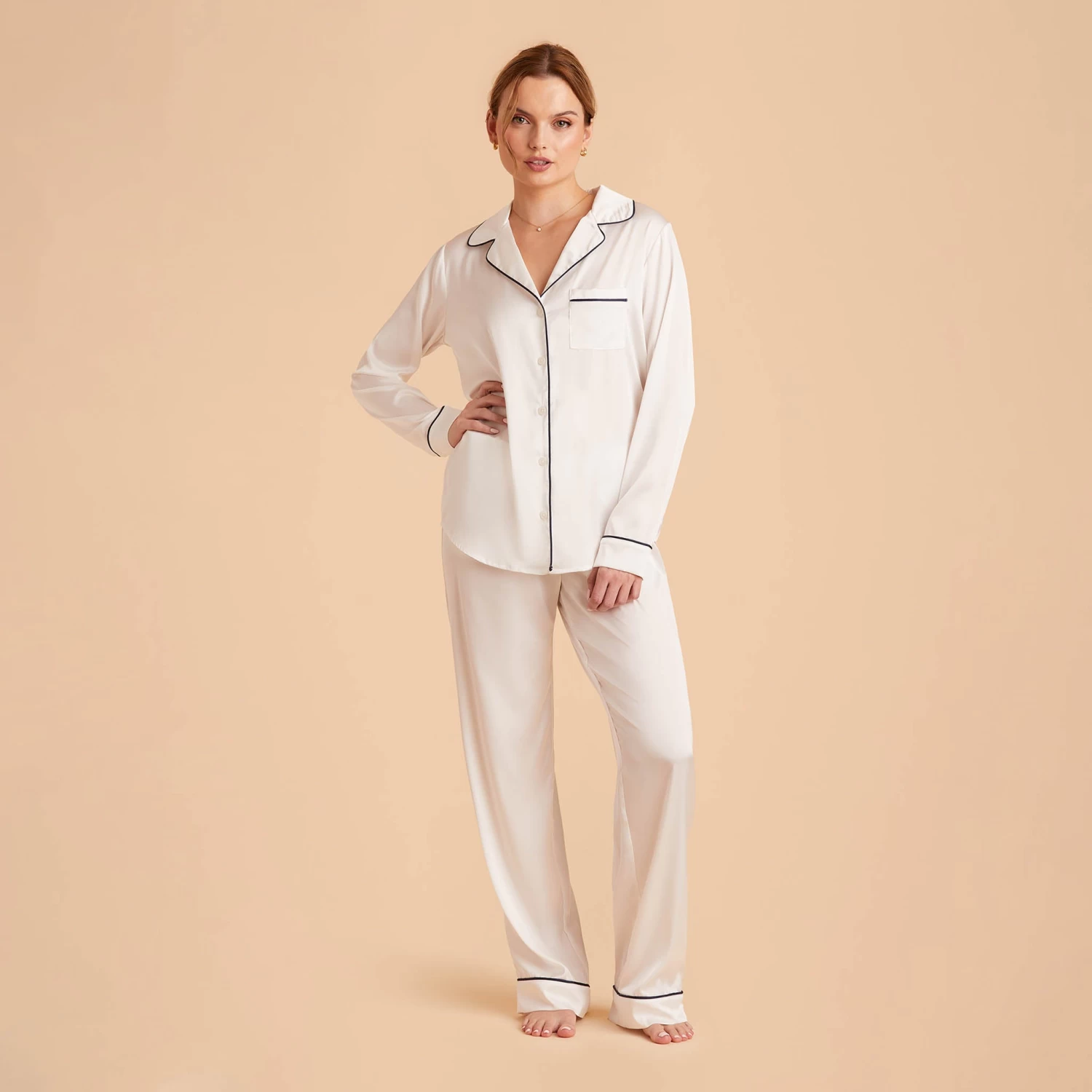 Jonny Long Sleeves And Pants Satin PJ Set - Ivory