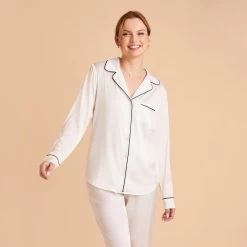 Jonny Long Sleeves And Pants Satin PJ Set - Ivory -Elegant Moments Shop ivory jonny satin long sleeve top bridesmaid pajamas 01 1