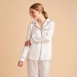 Jonny Long Sleeves And Pants Satin PJ Set - Ivory -Elegant Moments Shop ivory jonny satin long sleeve top bridesmaid pajamas 02 1