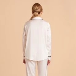 Jonny Long Sleeves And Pants Satin PJ Set - Ivory -Elegant Moments Shop ivory jonny satin long sleeve top bridesmaid pajamas 04 1