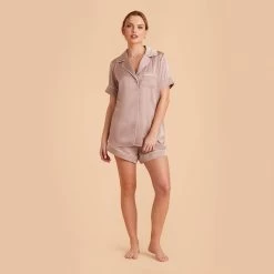 Jonny Satin Pajama Set - Mauve Taupe -Elegant Moments Shop mauve taupe jonny satin short sleeve pajama top and shorts bridesmaid pajamas 03