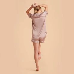 Jonny Satin Pajama Set - Mauve Taupe -Elegant Moments Shop mauve taupe jonny satin short sleeve pajama top and shorts bridesmaid pajamas 05