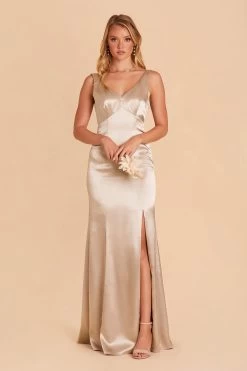 Gloria Shiny Satin Dress - Neutral Champagne -Elegant Moments Shop neutral champagne gloria satin bridesmaid dress 01