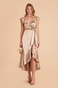 James Shiny Satin Midi Dress - Neutral Champagne