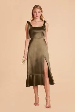 Eugenia Shiny Satin Convertible Midi Dress - Olive
