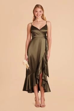 YC Shiny Satin Midi Dress - Olive