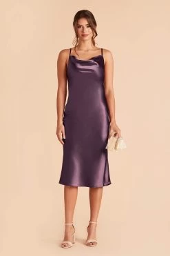 Lisa Shiny Satin Midi Dress - Plum