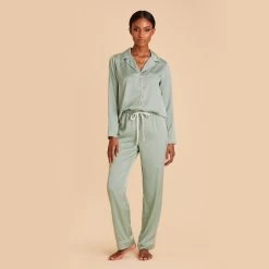 Jonny Long Sleeves And Pants Satin PJ Set - Sage