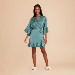 Kenny Ruffle Satin Robe - Sea Glass -Elegant Moments Shop sea glass kenny satin ruffle bridesmaid robe 02