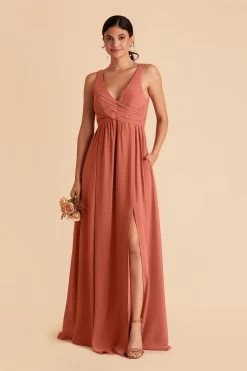 Laurie Empire Dress - Terracotta -Elegant Moments Shop terracotta laurie slit bridesmaid dress 03