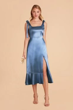 Eugenia Shiny Satin Convertible Midi Dress - Twilight