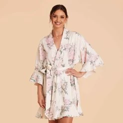 Kenny Floral Ruffle Robe - White Floral Rose -Elegant Moments Shop white floral rose kenny bridesmaid robe 03